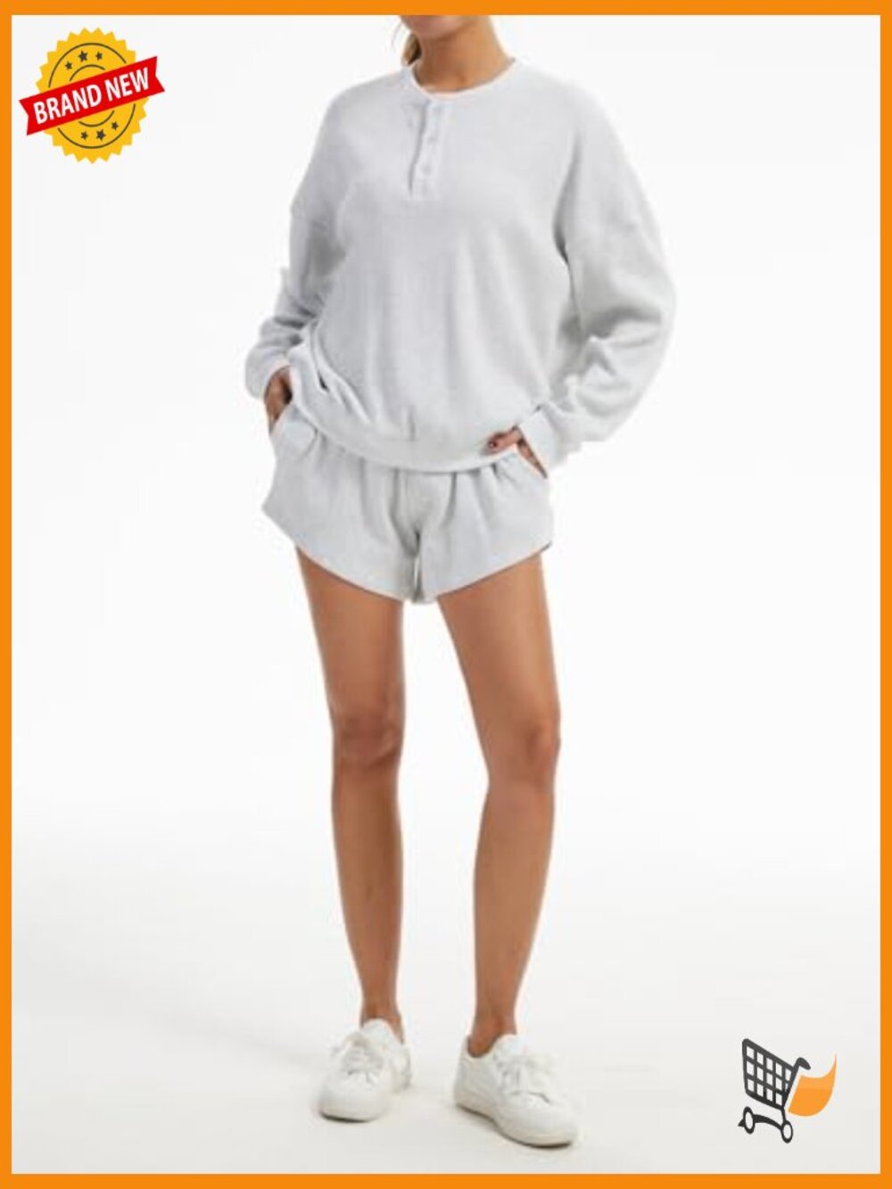 Oversized Waffle Knit Lounge Set - Long Sleeve Henley Sweatshirt & High Waisted - Picture 6 of 7